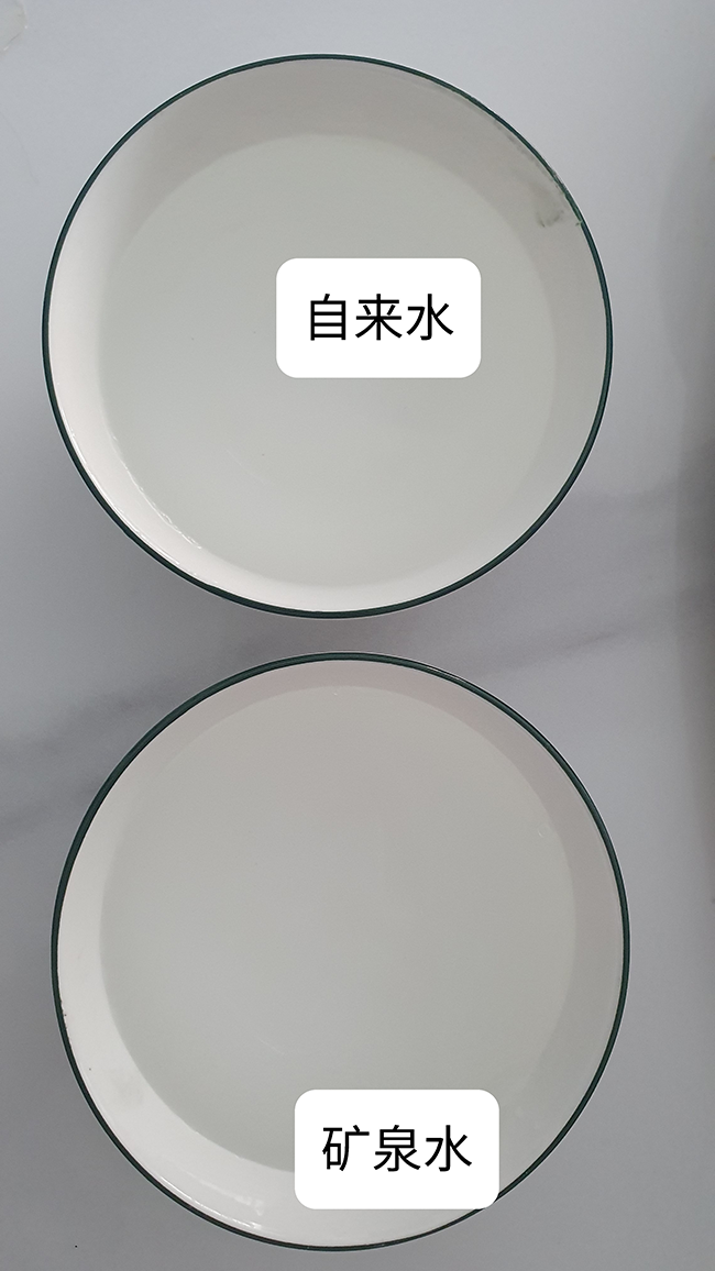 恢復清澈的自來水與礦泉水進行對比。網友供圖